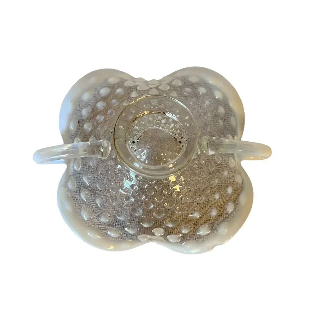 Vintage FENTON Art Glass Handles French Moonstone Opalescent Hobnail CANDY DISH